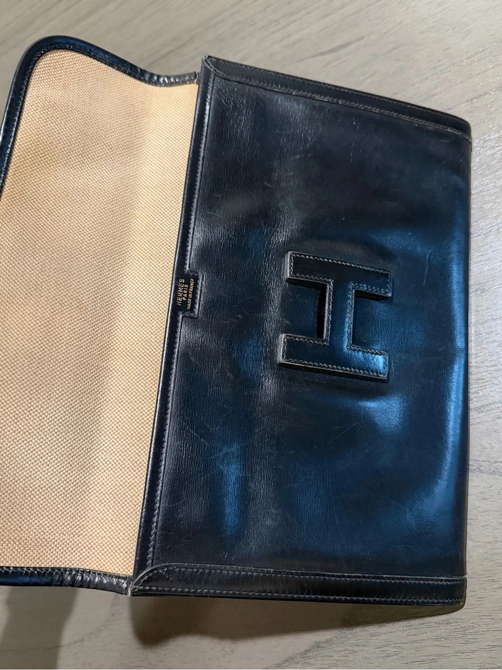 Hermes Black Leather Men's Clutch with Signature H Detail